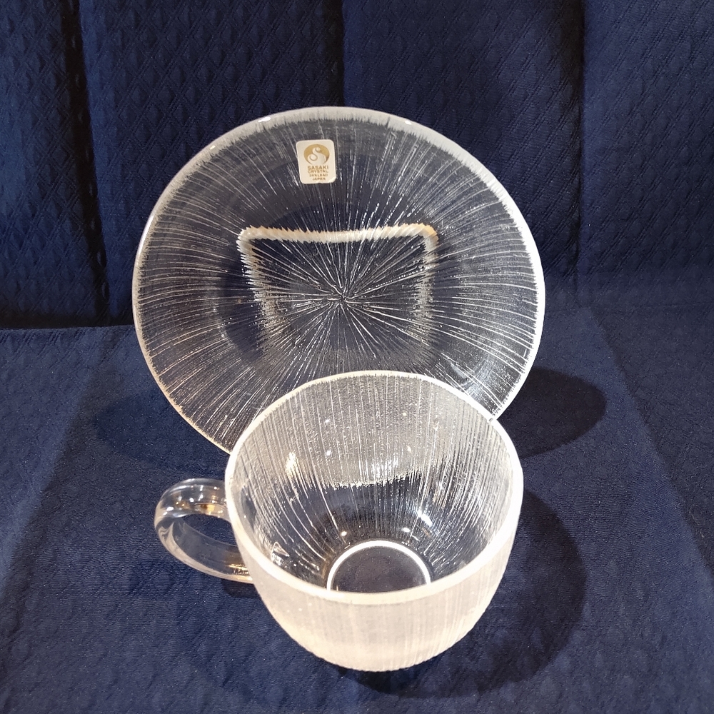 Japan, Sasaki Crystal Rain Glass, Cup & Saucer.  Clear Glass. Unused.